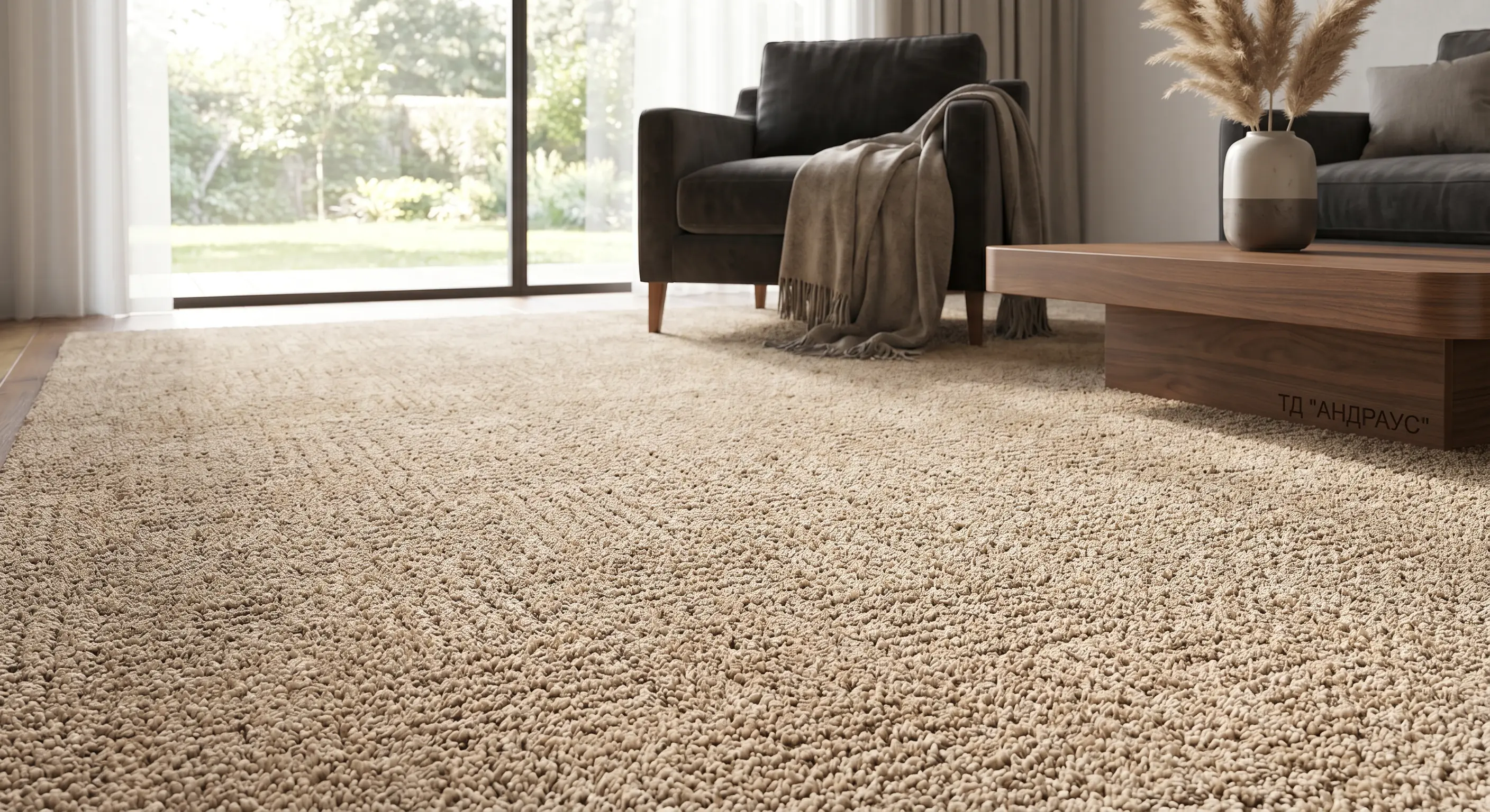 Фотореалистичное изображение роскошного бежевого коврового покрытия с мягким глубоким ворсом и геометрическим узором в светлой гостиной, с креслом и кофейным столиком