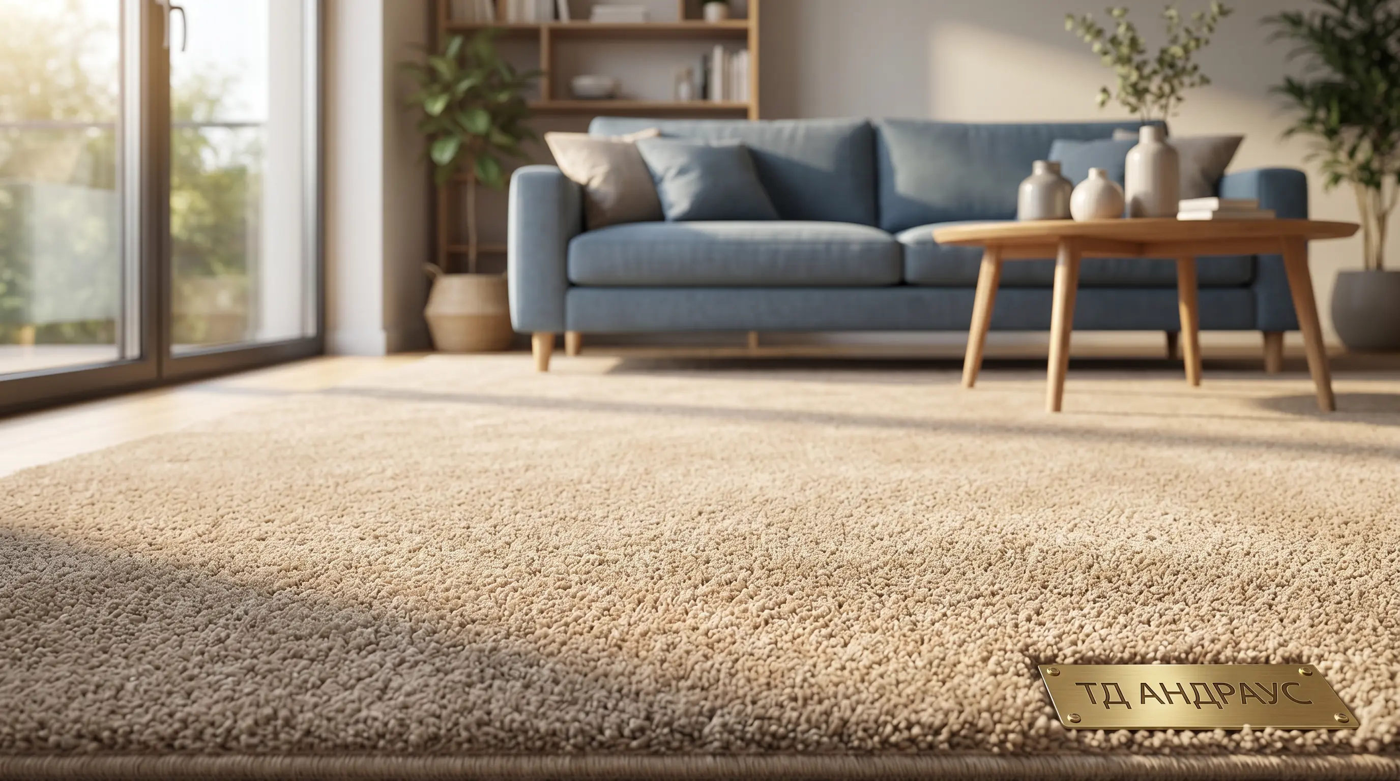 Фотореалистичный интерьер уютной современной гостиной с мягким бежевым ковролином. На покрытии стоит диван и столик, видна текстура ворса и фирменный шильдик ТД АНДРАУС