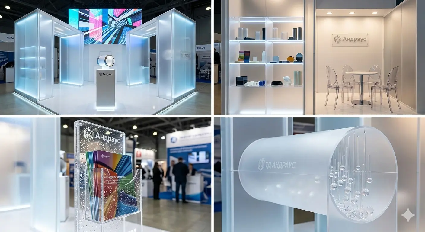 Коллаж с презентацией интерьера выставочного стенда, разделенный на зоны