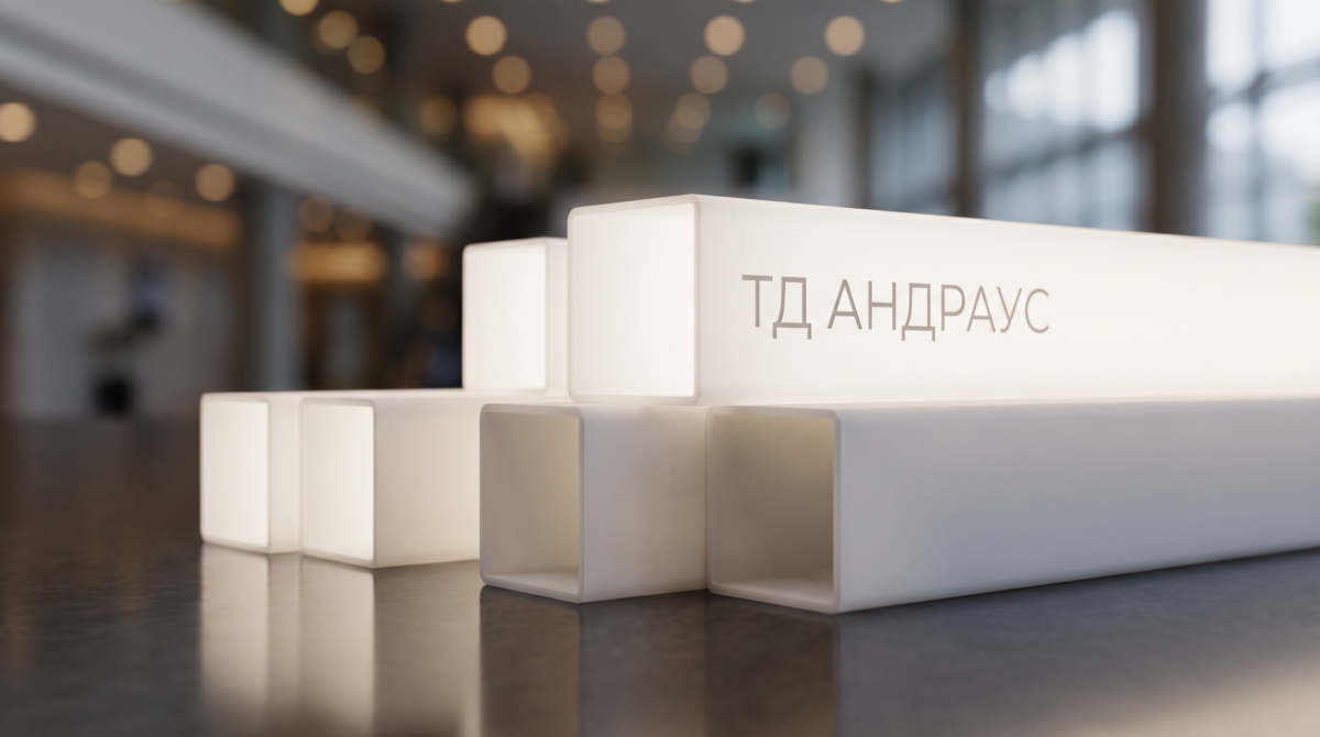 Квадратные матовые трубки из опалового акрила с аккуратной гравировкой «ТД АНДРАУС» на фоне современного интерьера.