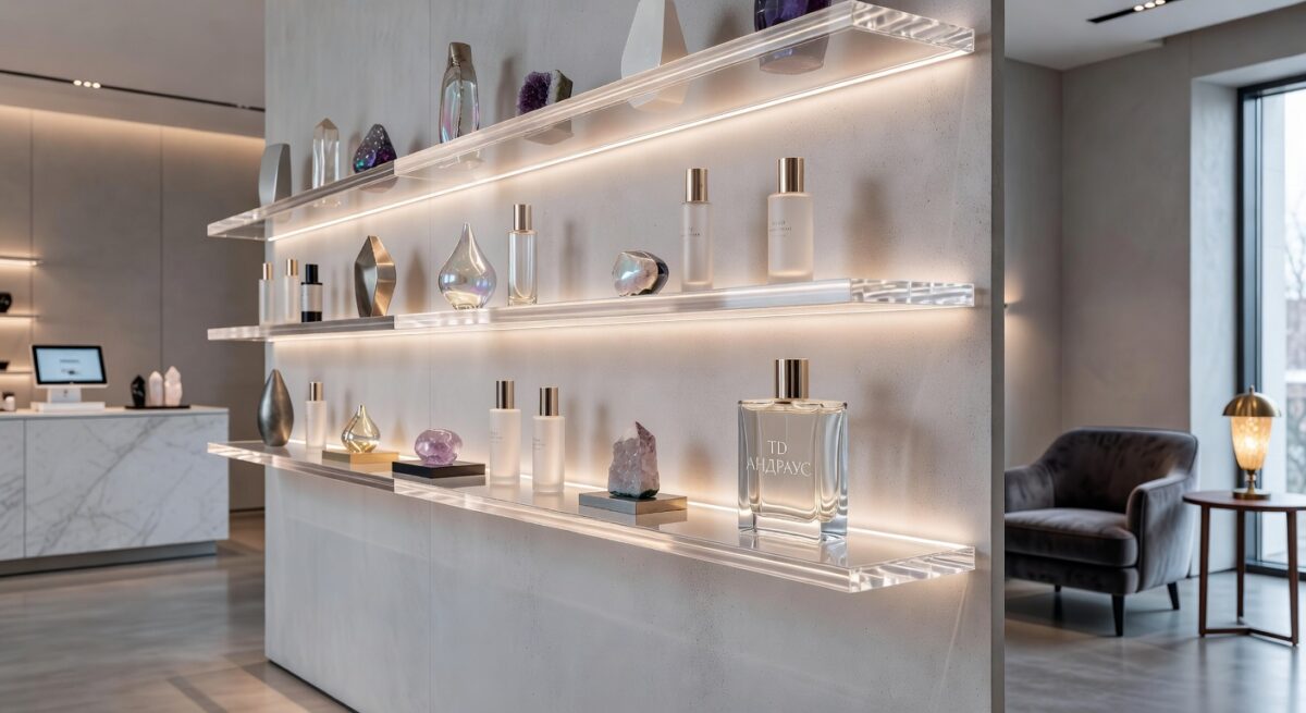 Интерьер просторной гостиной-бутика с инсталляцией акриловых полок, подсвеченных теплой светодиодной лентой. Полки демонстрируют элитную косметику и предметы декора, а также мягко освещают пространство. На одном из флаконов видна гравировка «ТД АНДРАУС»